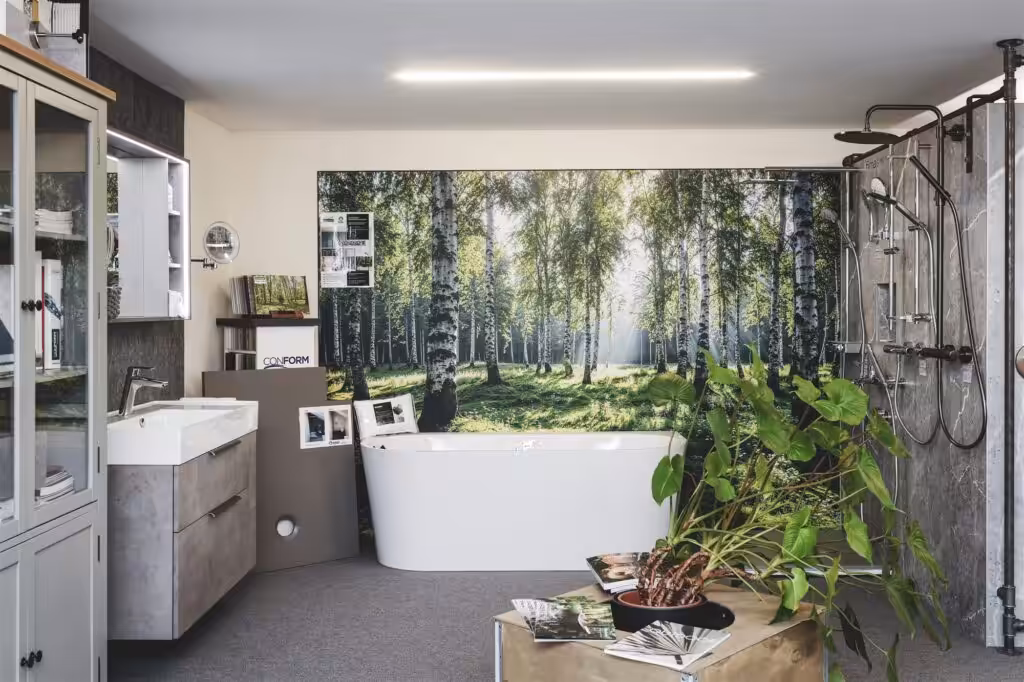 Freistehende Badewanne vor Birkenwald-Rückwand mit Waschtisch in Betonoptik