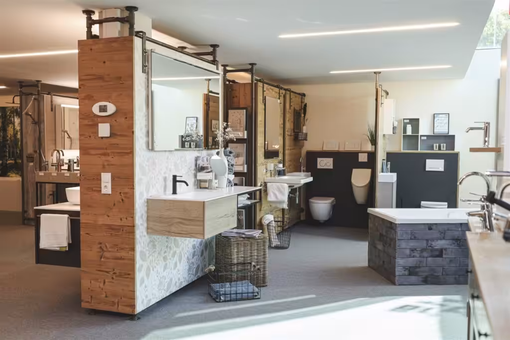 Waschtisch mit Holzfront und Badewanne mit Steinverkleidung in der weitläufigen Bad-Ausstellung