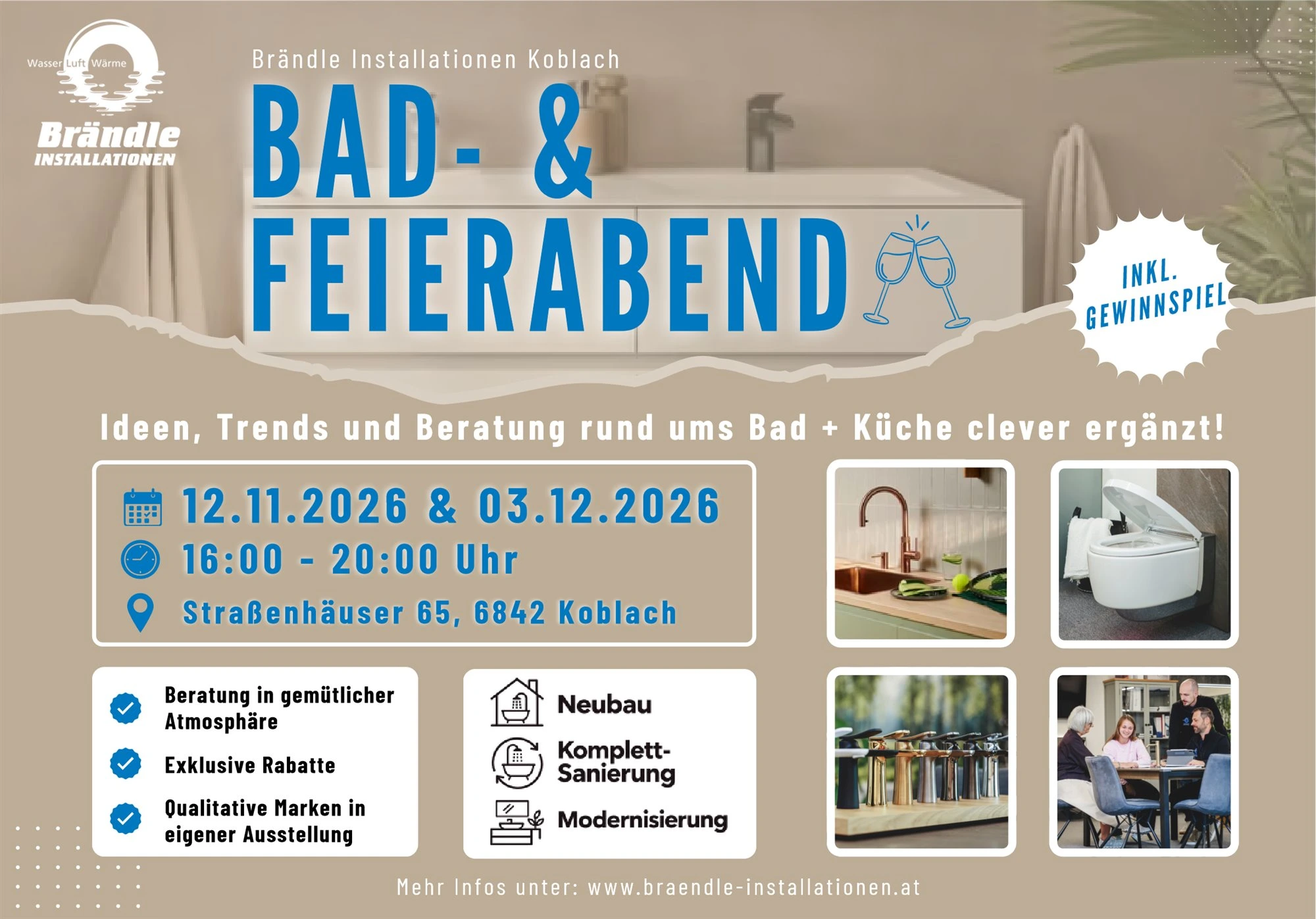 Flyer Bad- & Feierabend am 12.11. und 03.12.2026 von 16 bis 20 Uhr bei Brändle Installationen in Koblach, inklusive Gewinnspiel