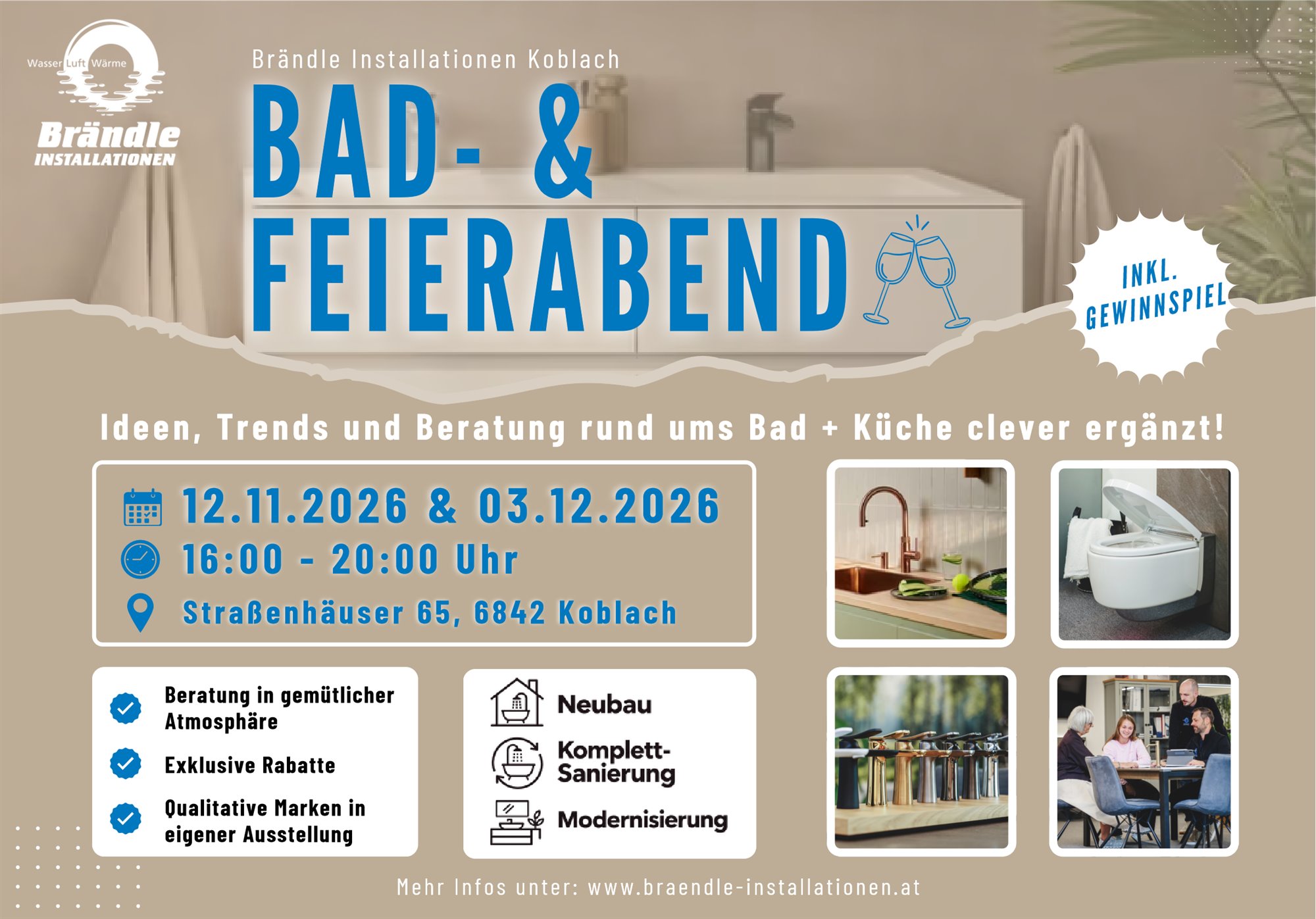 Flyer Bad- & Feierabend am 12.11. und 03.12.2026 von 16 bis 20 Uhr bei Brändle Installationen in Koblach, inklusive Gewinnspiel